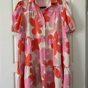 Pink and Orange Tiered Ruffled Sundress with Puff Sleeves